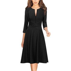 imageVFSHOW Womens Work Business Front Zipper ALine Dresses 34 Sleeve Office Church Fit and Flare Skater Swing Knee Length DressBlack and White Stripe