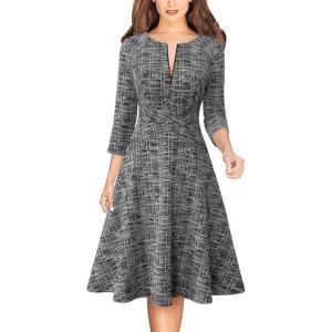 imageVFSHOW Womens Work Business Front Zipper ALine Dresses 34 Sleeve Office Church Fit and Flare Skater Swing Knee Length DressBlack and White Tweed