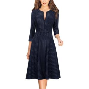 imageVFSHOW Womens Work Business Front Zipper ALine Dresses 34 Sleeve Office Church Fit and Flare Skater Swing Knee Length DressDark Blue and White Stripe