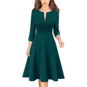 imageVFSHOW Womens Work Business Front Zipper ALine Dresses 34 Sleeve Office Church Fit and Flare Skater Swing Knee Length DressDark Green