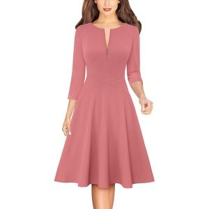 imageVFSHOW Womens Work Business Front Zipper ALine Dresses 34 Sleeve Office Church Fit and Flare Skater Swing Knee Length DressDusty Pink