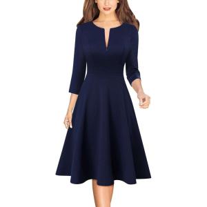 imageVFSHOW Womens Work Business Front Zipper ALine Dresses 34 Sleeve Office Church Fit and Flare Skater Swing Knee Length DressNavy Blue