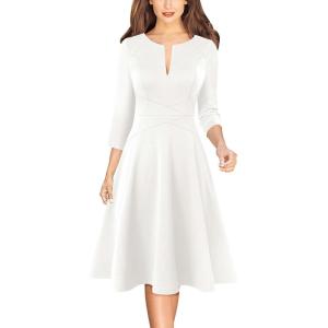 imageVFSHOW Womens Work Business Front Zipper ALine Dresses 34 Sleeve Office Church Fit and Flare Skater Swing Knee Length DressOffwhite