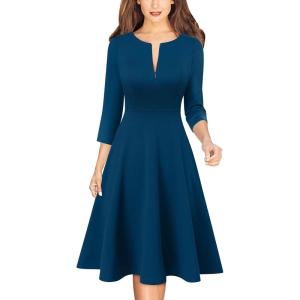 imageVFSHOW Womens Work Business Front Zipper ALine Dresses 34 Sleeve Office Church Fit and Flare Skater Swing Knee Length DressPeacock Blue