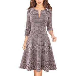 imageVFSHOW Womens Work Business Front Zipper ALine Dresses 34 Sleeve Office Church Fit and Flare Skater Swing Knee Length DressPink Tweed