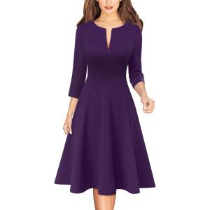 imageVFSHOW Womens Work Business Front Zipper ALine Dresses 34 Sleeve Office Church Fit and Flare Skater Swing Knee Length DressPurple