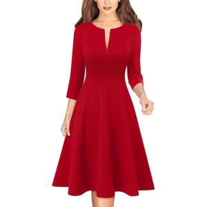 imageVFSHOW Womens Work Business Front Zipper ALine Dresses 34 Sleeve Office Church Fit and Flare Skater Swing Knee Length DressRed
