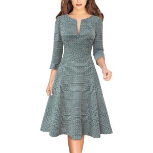 imageVFSHOW Womens Work Business Front Zipper ALine Dresses 34 Sleeve Office Church Fit and Flare Skater Swing Knee Length DressTeal Green Tweed