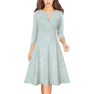 imageVFSHOW Womens Work Business Front Zipper ALine Dresses 34 Sleeve Office Church Fit and Flare Skater Swing Knee Length DressWhite and Blue Tweed