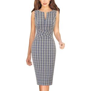 imageVFSHOW Womens Front Zipper Work Business Office Bodycon Dress Elegant Professional Career Church Party Pencil Sheath DressBlue Tweedb