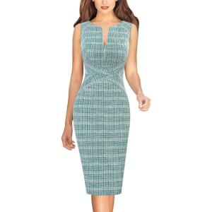imageVFSHOW Womens Front Zipper Work Business Office Bodycon Dress Elegant Professional Career Church Party Pencil Sheath DressTeal Green Tweed