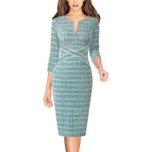 imageVFSHOW Womens Work Business Casual 34 Sleeve Slimming Fitted Front Zipper Crisscross Waist Office Party Pencil Sheath DressTeal Green Tweedwhite Piping
