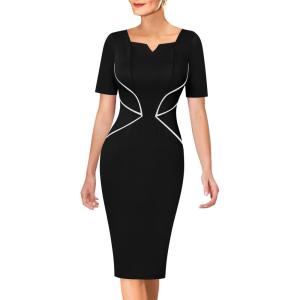 imageVFSHOW Womens Notch V Neck Work Office Business Bodycon Pencil Sheath DressBlack  White Piping