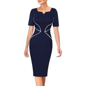 imageVFSHOW Womens Notch V Neck Work Office Business Bodycon Pencil Sheath DressDark Blue  White Piping