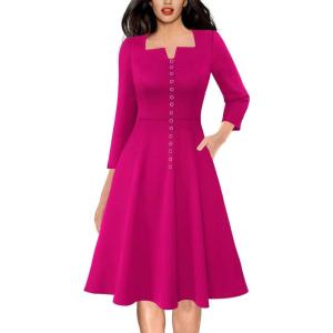 image:imageVFSHOW Womens Business Buttons Work Office Square Neck Notch ALine Church Pockets Fit and Flare DressHot Pink