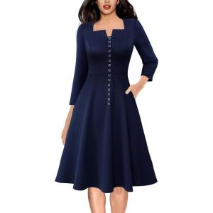 image:imageVFSHOW Womens Business Buttons Work Office Square Neck Notch ALine Church Pockets Fit and Flare DressNavy Blue