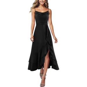 image:imageVFSHOW Womens Cowl Neck Cocktail Formal Wedding Guest Elegant High Low Ruffle Slit Evening Party A Line Long DressBlack