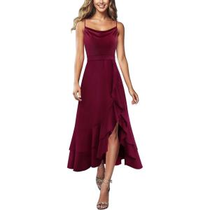 image:imageVFSHOW Womens Cowl Neck Cocktail Formal Wedding Guest Elegant High Low Ruffle Slit Evening Party A Line Long DressDark Red
