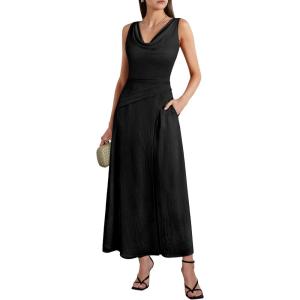 image:imageVFSHOW Womens Cocktail Cowl Neck Dress Casual Wedding Guest Sleeveless Belted Long Fit and Flare A Line Dresses with PocketBlack