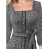 image:imageVFSHOW Womens Business Square Neck Button Belted Colorblock Patchwork Office Work Slim Sheath Mermaid DressBlack Tweed