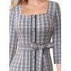 image:imageVFSHOW Womens Business Square Neck Button Belted Colorblock Patchwork Office Work Slim Sheath Mermaid DressBlue Tweed