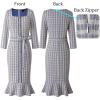 image:imageVFSHOW Womens Business Square Neck Button Belted Colorblock Patchwork Office Work Slim Sheath Mermaid DressBlue Tweed