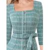 image:imageVFSHOW Womens Business Square Neck Button Belted Colorblock Patchwork Office Work Slim Sheath Mermaid DressTeal Green Tweed