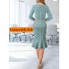 image:imageVFSHOW Womens Business Square Neck Button Belted Colorblock Patchwork Office Work Slim Sheath Mermaid DressTeal Green Tweed