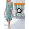 image:imageVFSHOW Womens Business Square Neck Button Belted Colorblock Patchwork Office Work Slim Sheath Mermaid DressTeal Green Tweed