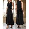 image:imageVFSHOW Womens Wedding Guest Dress Wrap V Neck Pocket Business Cocktail Sleeveless Belted Long Fit and Flare A Line DressesBlack