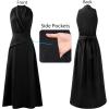 image:imageVFSHOW Womens Wedding Guest Dress Wrap V Neck Pocket Business Cocktail Sleeveless Belted Long Fit and Flare A Line DressesBlack