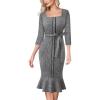 image:imageVFSHOW Womens Business Square Neck Button Belted Colorblock Patchwork Office Work Slim Sheath Mermaid DressBlack Tweed
