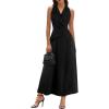 image:imageVFSHOW Womens Wedding Guest Dress Wrap V Neck Pocket Business Cocktail Sleeveless Belted Long Fit and Flare A Line DressesBlack
