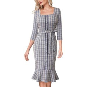 image:imageVFSHOW Womens Business Square Neck Button Belted Colorblock Patchwork Office Work Slim Sheath Mermaid DressBlue Tweed