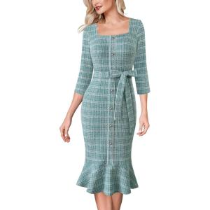 image:imageVFSHOW Womens Business Square Neck Button Belted Colorblock Patchwork Office Work Slim Sheath Mermaid DressTeal Green Tweed