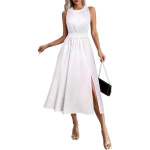 image:imageVFSHOW Womens Summer Casual Ruffle Crew Neck Midi Long Dress Sleeveless Wedding Guest Pocket Flowy A Line Tunic SundressWhite