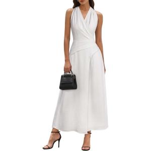 image:imageVFSHOW Womens Wedding Guest Dress Wrap V Neck Pocket Business Cocktail Sleeveless Belted Long Fit and Flare A Line DressesWhite