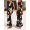 image:imageVFSHOW Womens Boat Neck Formal Bodycon Maxi Sleeveless Slim Fitted Wedding Guest Long Cocktail Mermaid DressBlack With Beige Floral Print