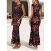image:imageVFSHOW Womens Boat Neck Formal Bodycon Maxi Sleeveless Slim Fitted Wedding Guest Long Cocktail Mermaid DressBlack With Red Floral Print