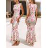 image:imageVFSHOW Womens Boat Neck Formal Bodycon Maxi Sleeveless Slim Fitted Wedding Guest Long Cocktail Mermaid DressPink Floral Print