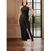 image:imageVFSHOW Womens Crisscross Halter Neck Formal Wedding Guest Ruched Bodycon Elegant Cocktail Party Prom Evening Long Wrap DressBlack
