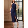 image:imageVFSHOW Womens Crisscross Halter Neck Formal Wedding Guest Ruched Bodycon Elegant Cocktail Party Prom Evening Long Wrap DressDark Blue