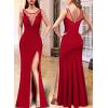 image:imageVFSHOW Womens Crochet Lace Patchwork Deep V Neck Ruched Formal Prom Maxi Dress 2023 Sexy High Split Mermaid Evening Long Gown