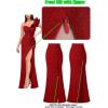 image:imageVFSHOW Womens Formal Prom Ruffle One Shoulder Beaded Strap Ruched Maxi Dress V Neck Sexy High Slit Cocktail Evening Long Gown