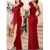 image:imageVFSHOW Womens Formal Prom Ruffle One Shoulder Beaded Strap Ruched Maxi Dress V Neck Sexy High Slit Cocktail Evening Long Gown