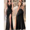 image:imageVFSHOW Womens Formal Prom Sexy Deep V Neck Ruched Backless High Slit Maxi Dress 2024 Wedding Guest Long Cocktail Evening Gown