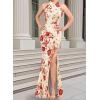 image:imageVFSHOW Womens Formal Sexy Halter High Slit Prom Wedding Guest Maxi Dress 2023 Illusion Sweetheart Neckline Evening Long GownBeige With Red Flower Print