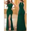 image:imageVFSHOW Womens Sexy Cut Out Beaded Halter Formal Prom Maxi Dress Ruched High Slit Cocktail Gala Ball Evening GownDark Green With Glitter