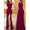 image:imageVFSHOW Womens Sexy Cut Out Beaded Halter Formal Prom Maxi Dress Ruched High Slit Cocktail Gala Ball Evening GownDark Red With Glitter