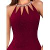 image:imageVFSHOW Womens Sexy Cut Out Beaded Halter Formal Prom Maxi Dress Ruched High Slit Cocktail Gala Ball Evening GownDark Red With Glitter
